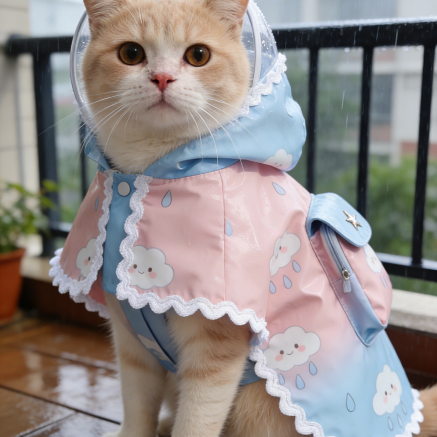 Gradient Cloud Cat Raincoat with Backpack - Pink & Blue Ombre Waterproof Cape with Mini Backpack for Cats