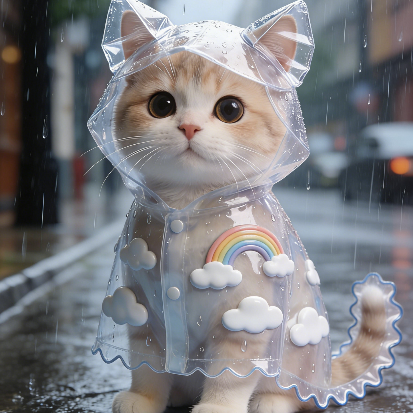 Transparent Cloud & Rainbow Cat Raincoat - Clear Waterproof Cape with 3D Cloud Appliqués for Cats