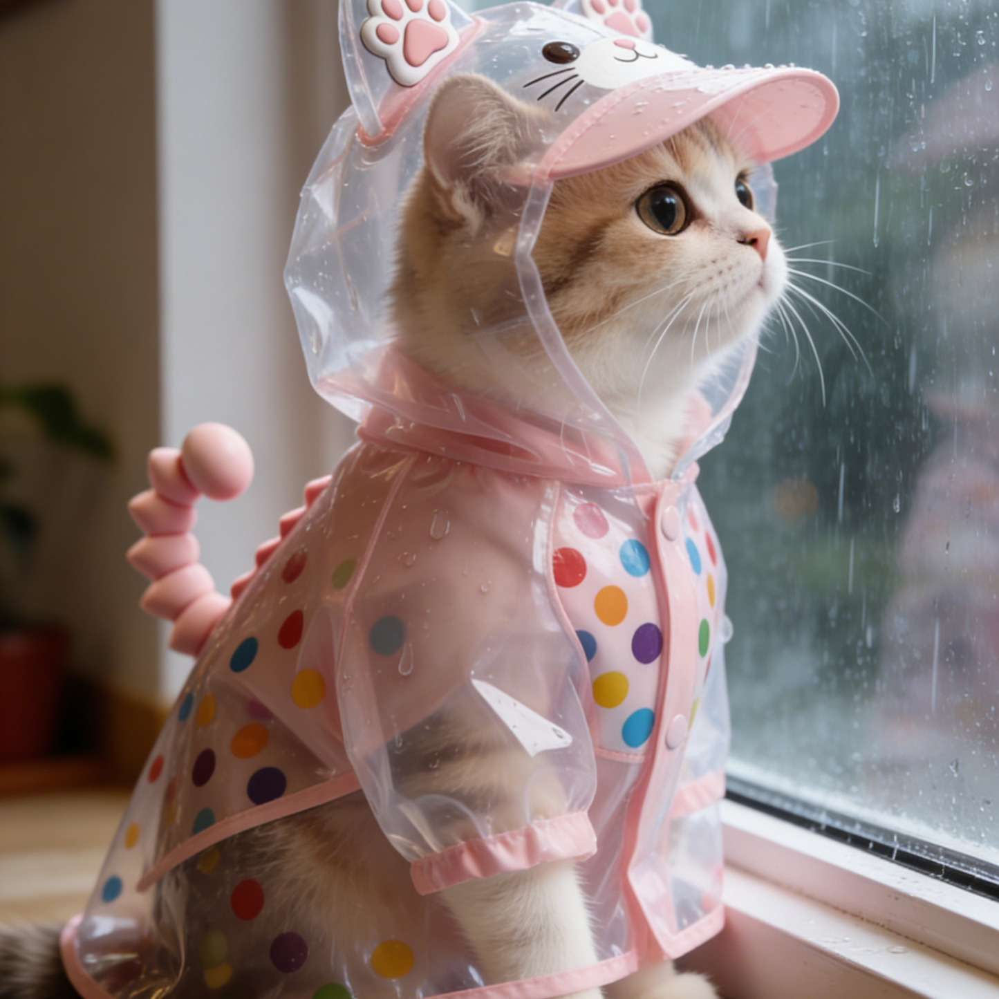 Polka Dot Dinosaur Cat Raincoat - Pink Waterproof Cape with 3D Dinosaur Tail for Cats