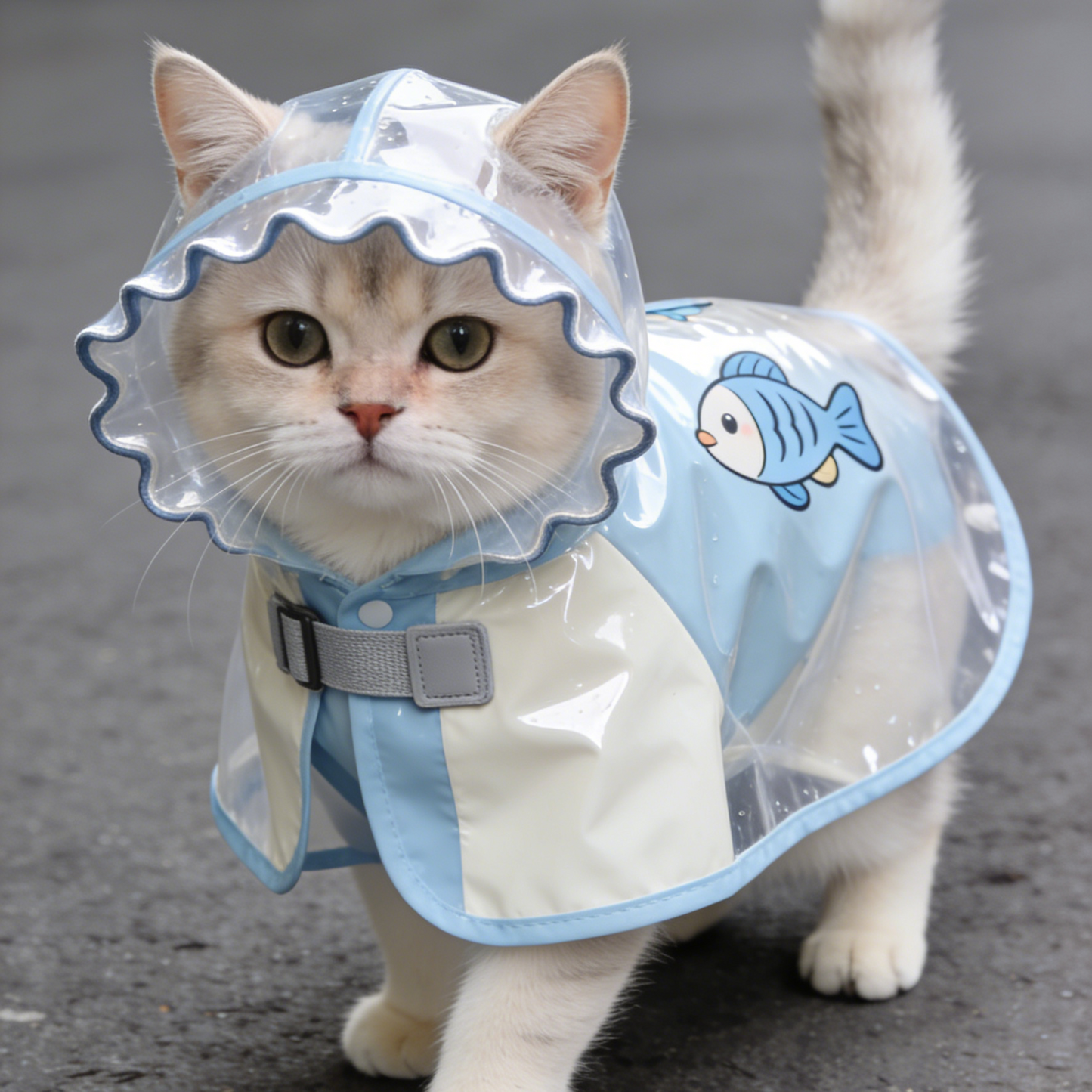 Blue & White Fish Print Cat Raincoat - Waterproof Cape with Adjustable Buckle for Cats