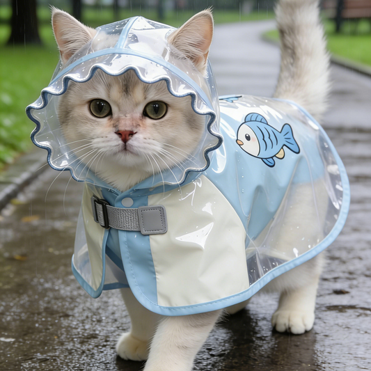 Blue & White Fish Print Cat Raincoat - Waterproof Cape with Adjustable Buckle for Cats