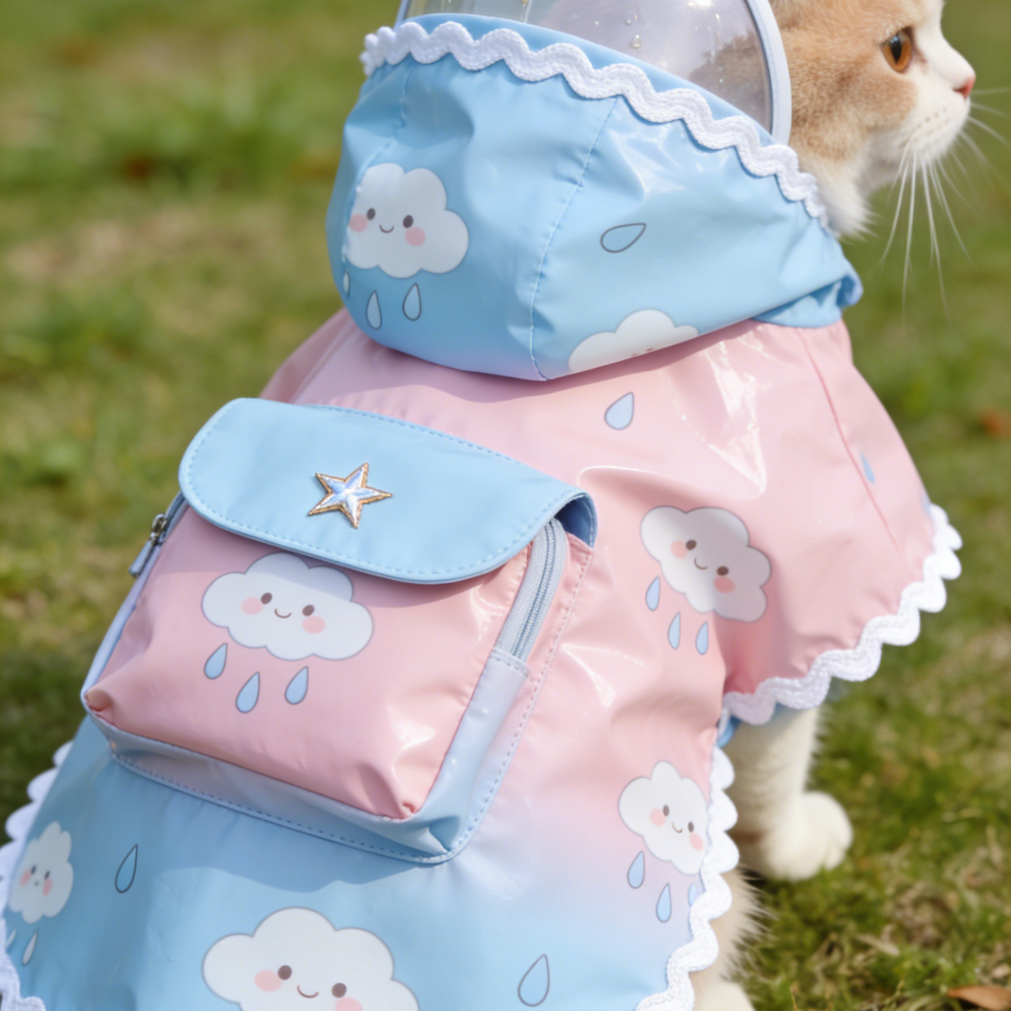 Gradient Cloud Cat Raincoat with Backpack - Pink & Blue Ombre Waterproof Cape with Mini Backpack for Cats
