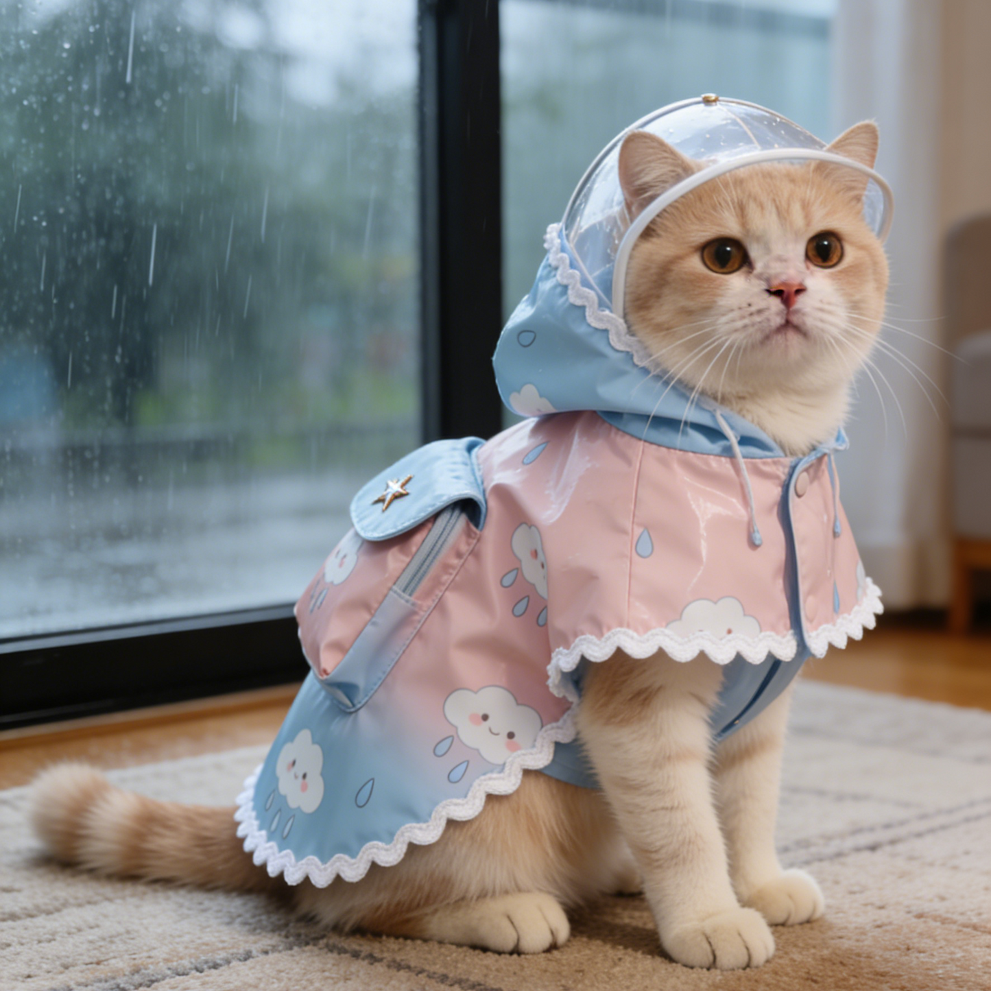 Gradient Cloud Cat Raincoat with Backpack - Pink & Blue Ombre Waterproof Cape with Mini Backpack for Cats