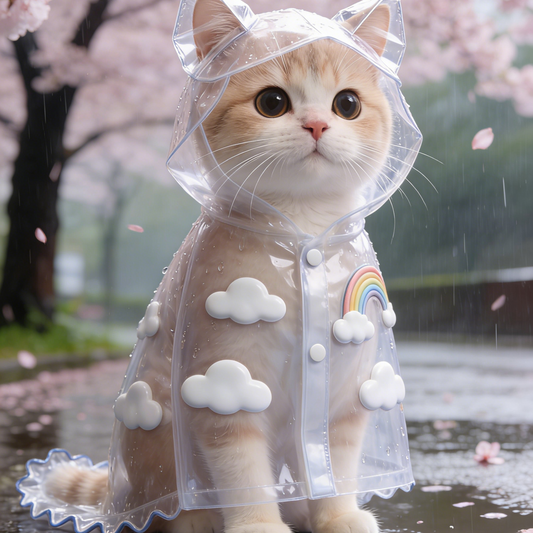 Transparent Cloud & Rainbow Cat Raincoat - Clear Waterproof Cape with 3D Cloud Appliqués for Cats