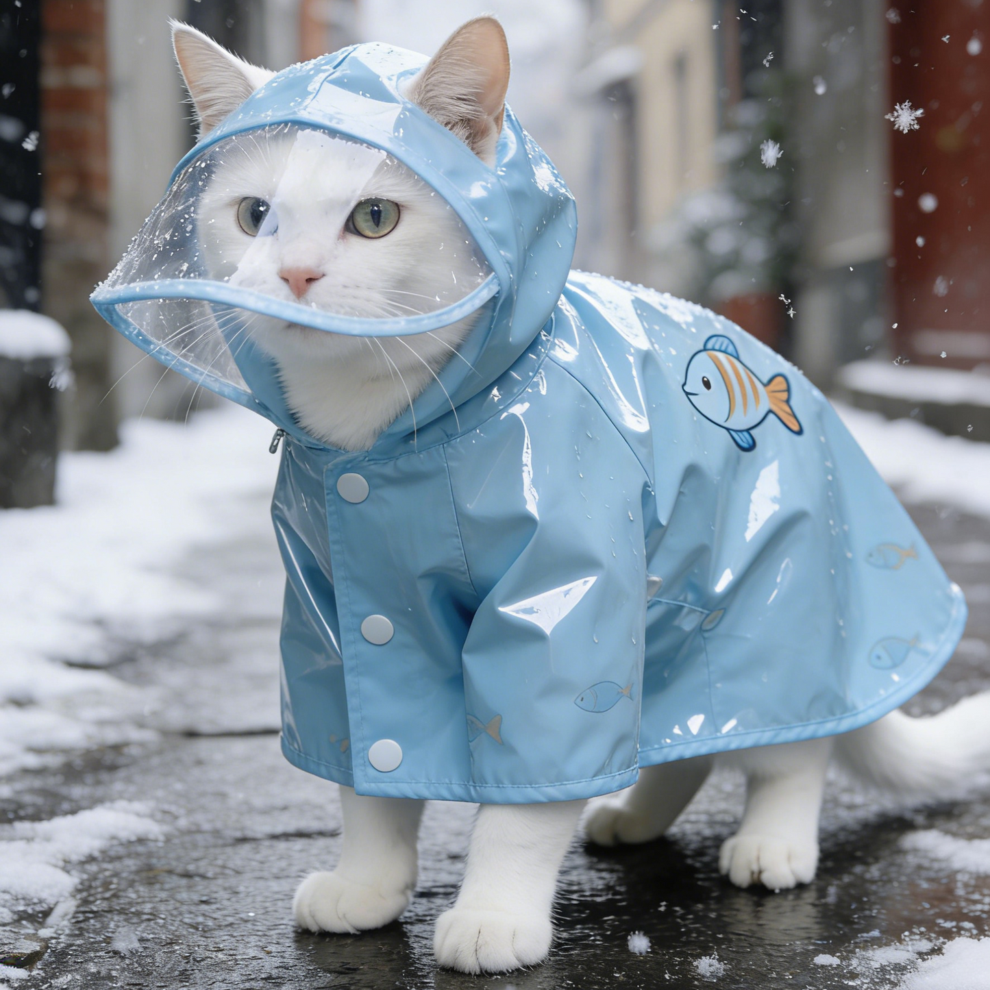 Blue Fish Print Cat Raincoat - Waterproof Cape with Clear Visor for Cats
