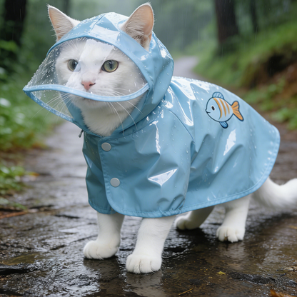Blue Fish Print Cat Raincoat - Waterproof Cape with Clear Visor for Cats