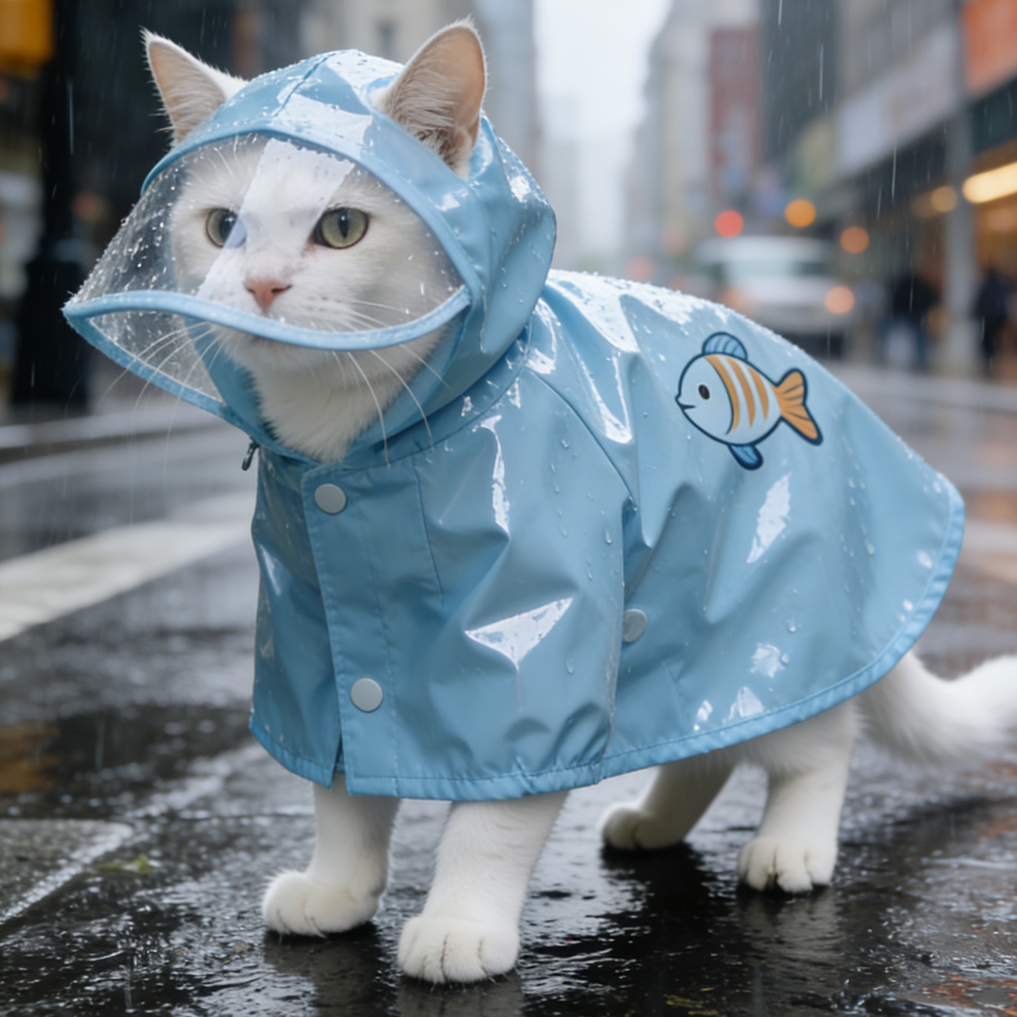 Blue Fish Print Cat Raincoat - Waterproof Cape with Clear Visor for Cats