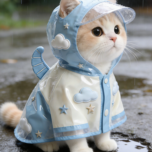 Blue & White Cloud Star Cat Raincoat - Waterproof Cape with 3D Dinosaur Tail for Cats